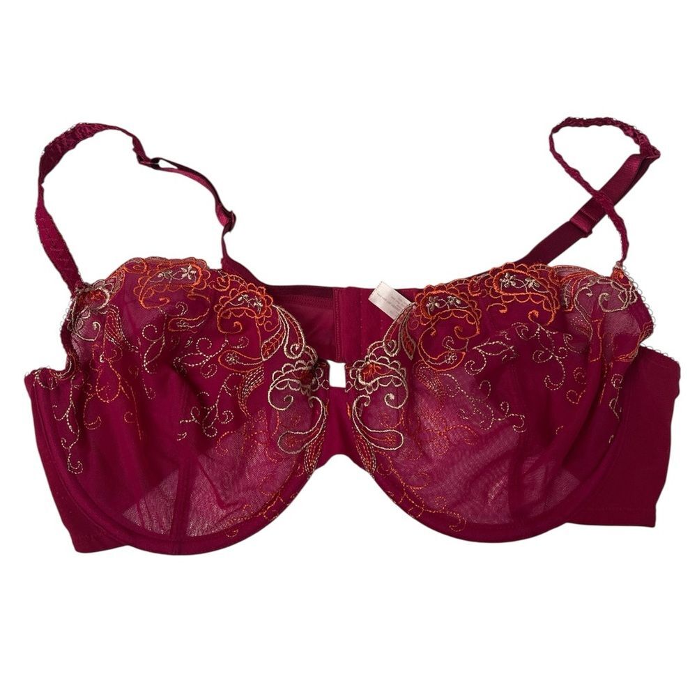 Cacique Unlined Pink Mesh Paisley Embroidered Balconette Bra SZ 42DD 42E